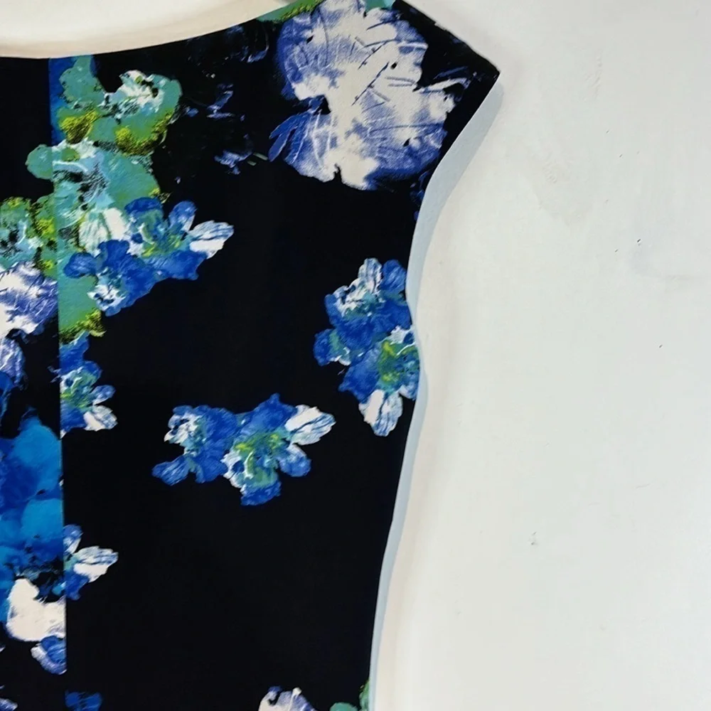 LAUREN Ralph Lauren Dress Ruched Cap Sleeves Lined Black Blue Floral Stretch Sz4 - Picture 9 of 14